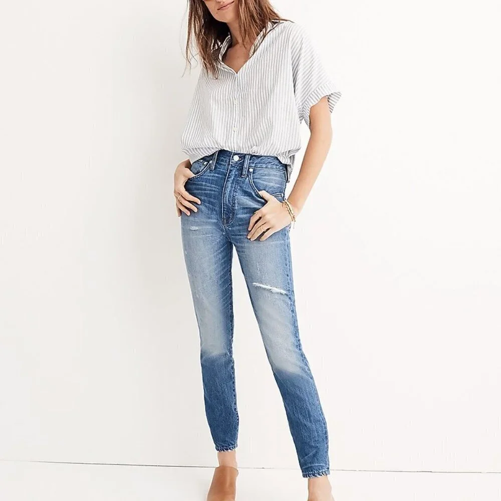 Madewell Rigid High-Rise Medium Wash Distressed 100% Cotton Skinny Jeans 27